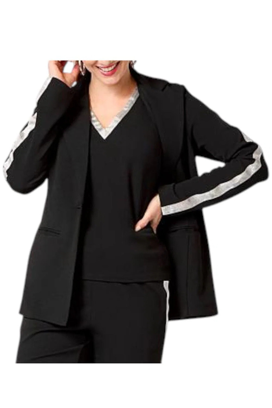 Vivica A. Fox Luxe Crepe Knit Blazer w Metallic Trim Black - Regular